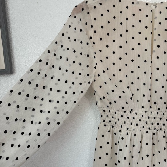ShowPo PRETTY AS YOU MINI DRESS LONG SLEEVE SHIRRED WAIST IN OFF WHITE POLKA-DOT - Picture 2 of 8